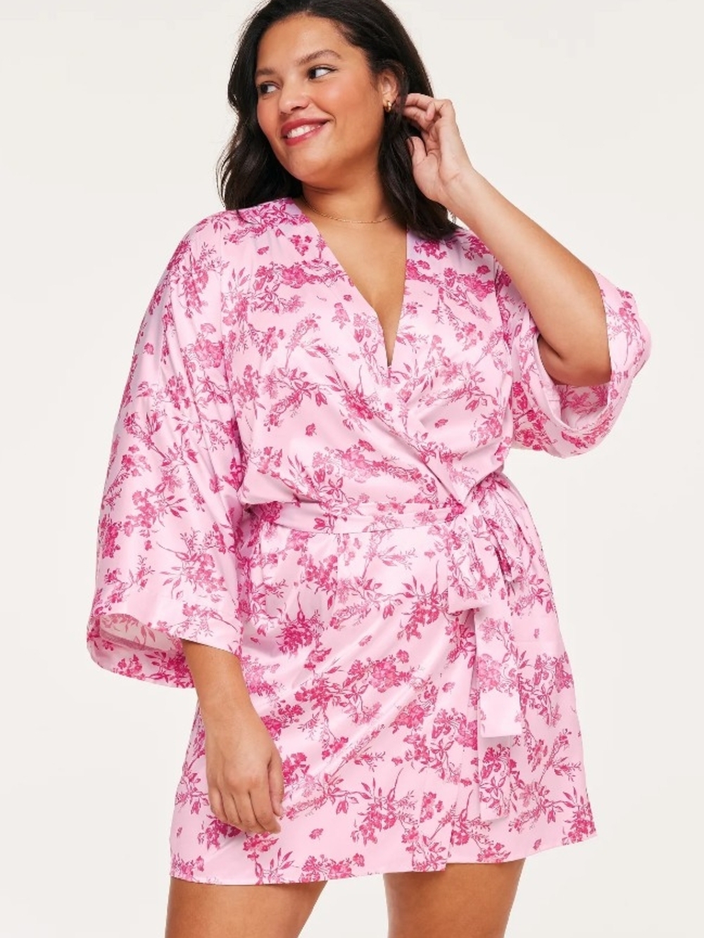 Adore Me Pink Floral Satin Wrap Robe without Belt New With Imperfections Size L